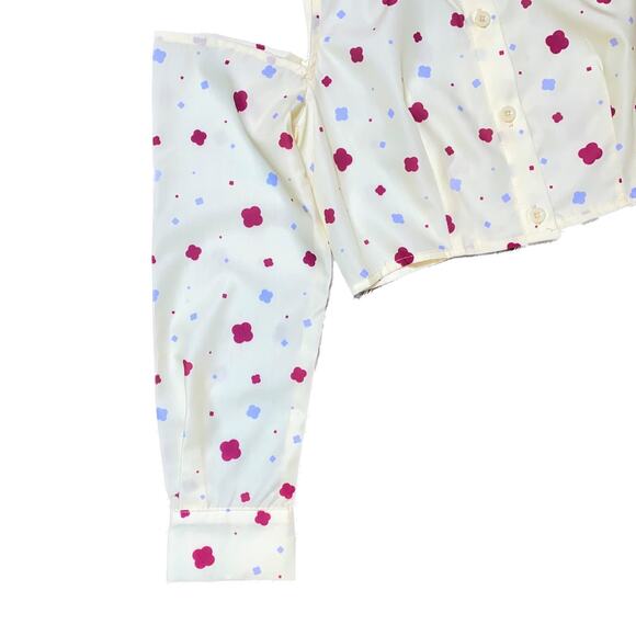 XS Pale Yellow Printed Cold Shoulder Button Down Crop Menswear Collared Blouse - Picture 5 of 7